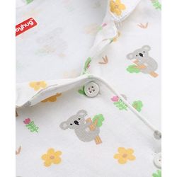Babyhug Cotton Interlock Knit Full Sleeves Front Open Co-ord Shirt & Pajama Night Suit with Floral Koala Print - White