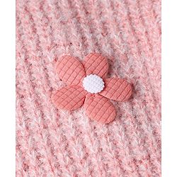 Babyhug Knit Full Sleeves Hooded Solid Sweater Set With Flower Applique - Pink