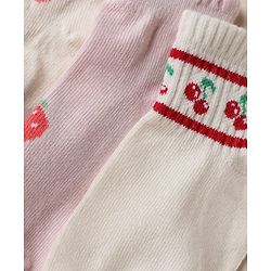 Cute Walk by Babyhug Cotton Knit Anti Bacterial Ankle Length Socks with Strawberry & Cherry Design Pack of 3 - White, Pink & Off White