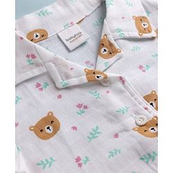 Babyhug Cotton Muslin Woven Front Open Co-ord Shirt & Pajama Night Suit with Floral & Bear Print - White