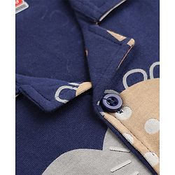 Babyhug Cotton Knit Full Sleeves Front Open Co-ord Shirt & Pajama Night Suit with Dinosaur Print - Navy Blue