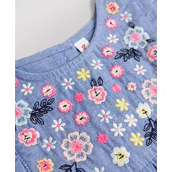 Babyhug Chambray 100% Cotton Knit Half Sleeves Floral Embroidered Top and Shorts Set - Blue