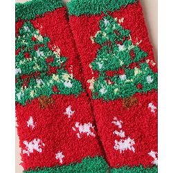 Cute Walk by Babyhug Knit Mid Calf Length Woolen Socks With Christmas Tree Design - Green Red