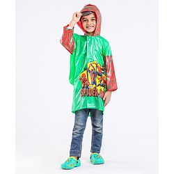 Babyhug Full Sleeves Hooded Raincoat With School Bag Provision Spider Man Print - Green Red