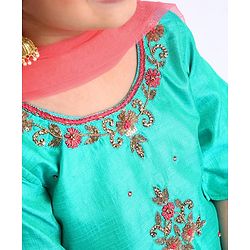 Babyhug Half Sleeves Choli And Lehenga With Dupatta - Green Orange