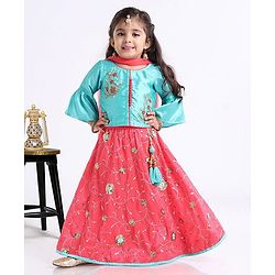 Babyhug Bell Sleeves Choli And Lehenga With Dupatta - Blue Pink