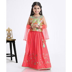 Babyhug Sleeveless Floral Embroidered Lehenga Set - Dark Pink Green