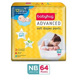 Babyhug Advanced Pant Style Diapers New Born (NB) Size - 64 Pieces, Honeycomb Technology, Cottony Soft Diaper with 3D Leak Guard, Latex & Alcohol Free, Anti-rash & Gentle