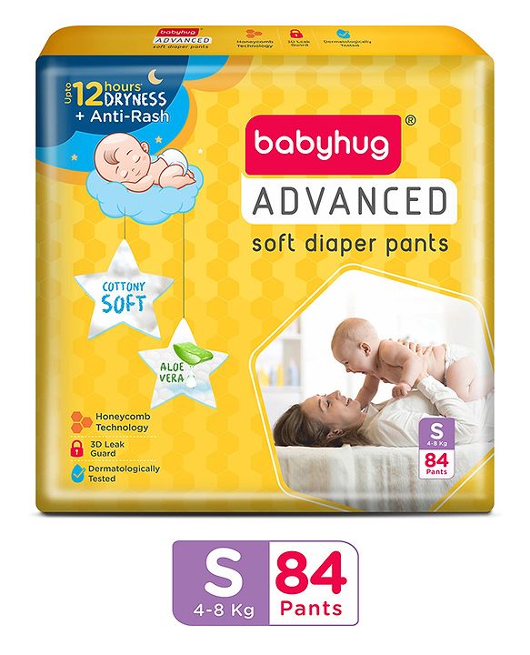 Babyhug Advanced Pant Style Diapers New Born (NB) Size - 64 Pieces, Honeycomb Technology, Cottony Soft Diaper with 3D Leak Guard, Latex & Alcohol Free, Anti-rash & Gentle