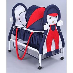 Babyhug Boy Print Cradle with Mosquito Net and Swing Lock Function-Blue Red| Storage Basket| Wheels with Lock| Easy Assembly| Balanced Swing
