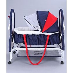 Babyhug Boy Print Cradle with Mosquito Net and Swing Lock Function-Blue Red| Storage Basket| Wheels with Lock| Easy Assembly| Balanced Swing