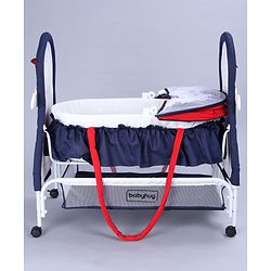 Babyhug Boy Print Cradle with Mosquito Net and Swing Lock Function-Blue Red| Storage Basket| Wheels with Lock| Easy Assembly| Balanced Swing