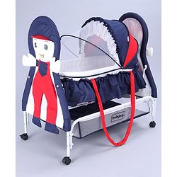 Babyhug Boy Print Cradle with Mosquito Net and Swing Lock Function-Blue Red| Storage Basket| Wheels with Lock| Easy Assembly| Balanced Swing