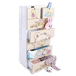 Babyhug 6 Layers High Density Plastic Storage Cabinet Teddy Print With Wheels - White