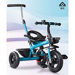 Babyhug Cruise Plug & Play Trike with Mild Steel Frame & Parental Handle Front & Rear Storage Basket with 3 Rubber Wheels with Foldable Foot Rest & Bell - Aqua Blue