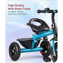 Babyhug Cruise Plug & Play Trike with Mild Steel Frame & Parental Handle Front & Rear Storage Basket with 3 Rubber Wheels with Foldable Foot Rest & Bell - Aqua Blue