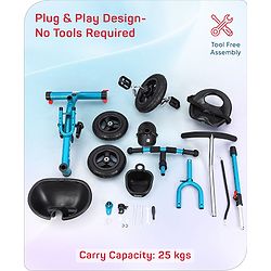 Babyhug Cruise Plug & Play Trike with Mild Steel Frame & Parental Handle Front & Rear Storage Basket with 3 Rubber Wheels with Foldable Foot Rest & Bell - Aqua Blue