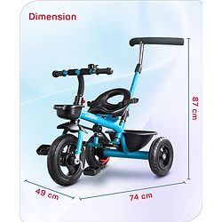 Babyhug Cruise Plug & Play Trike with Mild Steel Frame & Parental Handle Front & Rear Storage Basket with 3 Rubber Wheels with Foldable Foot Rest & Bell - Aqua Blue