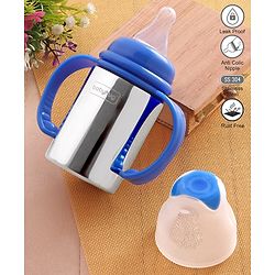 Babyhug Stainless Steel Feeding Bottle with Twin Handles, Blue 150ml| Anti-Colic Nipple | BPA-Free | Rust Free | Food Grade |