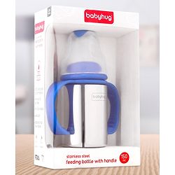 Babyhug Stainless Steel Feeding Bottle with Twin Handles, Blue 150ml| Anti-Colic Nipple | BPA-Free | Rust Free | Food Grade |