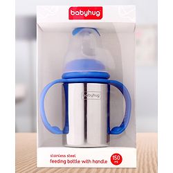 Babyhug Stainless Steel Feeding Bottle with Twin Handles, Blue 150ml| Anti-Colic Nipple | BPA-Free | Rust Free | Food Grade |