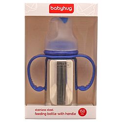 Babyhug Stainless Steel Feeding Bottle with Twin Handles, Blue 150ml| Anti-Colic Nipple | BPA-Free | Rust Free | Food Grade |