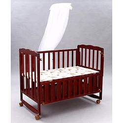 Babyhug Montana Wooden Cot Cum Rocker with Mosquito Net - Cherry Red| Wheels with Lock| Storage Space| Adjustable Height| Openable Side Rail| Foldable Headboard| Attach to Parent Bed| Convert to Study Table