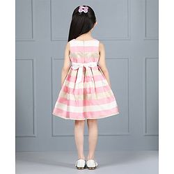 Babyhug Party Wear Sleeveless Stripe Pleated Frock Bow Applique - Pink White