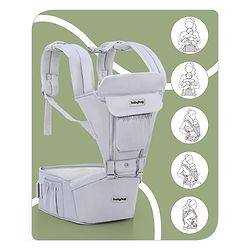 Babyhug Cherish 5-in-1 Hip Seat Baby Carrier: Ergonomic design with padded straps, Breathable fabric, Foldable head support, storage pockets, and 5 carrying positions for babies up to 15 kg-Grey