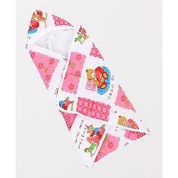 Babyhug Hooded Quilted Wrapper Happy Bear Print - Pink