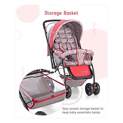 Babyhug Cosy Cosmo Stroller With Reversible Handle & Back Pocket - Bright Red