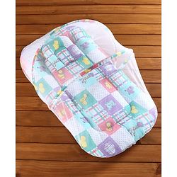 Babyhug Cotton Blend Bedding Set With Mosquito Net Animals In Checks Print - Purple