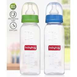 Babyhug Narrow Neck Feeding Bottle Pack of 2 Blue Green - 250 ml Each| Leak-Proof| Anti-colic Silicone Nipple| Microwave and Sterilizer Safe| BPA Free| Measuring Scale| Slow Flow