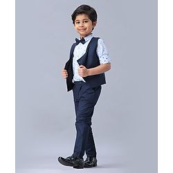 Babyhug 3 Piece Party Suit with Bow - White Navy