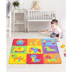 Babyhug Premium Pop Out Interlocking Animal Floor Puzzle Playmat (95cm * 95cm)- 9 Jumbo Pieces| Eva Soft Colorful Kids Floor mat - Thickness 1 cm| BIS Certified| 6 months+| Colors may vary