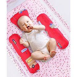 Babyhug Pillow And Bolster Set Cars Print - Red| Prevents Flat Head Syndrome| Neck and Shoulder Support | 100% Cotton| Breathable Fabric| Girls and Boys| Protection from Crib Railing| New Born Gifting Option | Travel Friendly| Soft and Comfortable