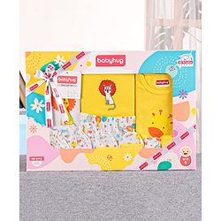 Babyhug 100%Cotton Clothing Gift Set Lion Print Pack of 9 - White Yellow