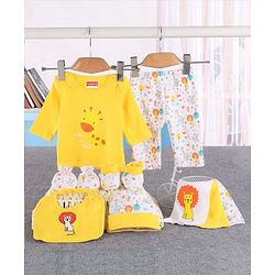 Babyhug 100%Cotton Clothing Gift Set Lion Print Pack of 9 - White Yellow
