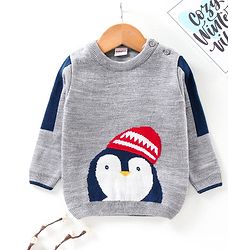 Babyhug Full Sleeves Pullover Sweater Penguin Print - Grey