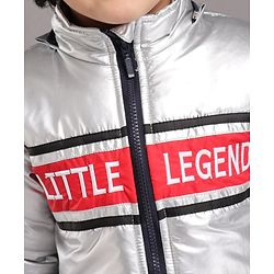 Babyhug Full Sleeves Hooded Metallic Jacket Little Legend Embroidery - Silver