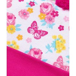Babyhug 100%Cotton Cap With Tie Knot Style Floral & Butterfly Print Pink - Diameter 9.5 cm