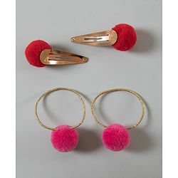 Babyhug Snap Clips with PomPom Set of 4 Pieces - Dark Pink Red