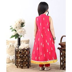 Babyhug Sleeveless Kurti & Shrug Floral Embroidery - Fuchsia Yellow