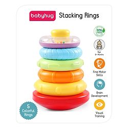 Babyhug Premium 5 Stacking Rings| 4 Textured and 1 Transparent Ring with Beads Sound| Junior Plastic Stack Up Educational Toy| Bath Toy Ring| BIS Certified| Non-Toxic| 6 Months+