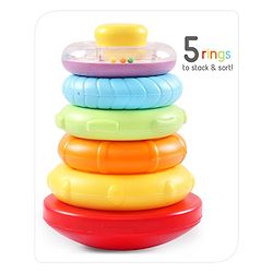 Babyhug Premium 5 Stacking Rings| 4 Textured and 1 Transparent Ring with Beads Sound| Junior Plastic Stack Up Educational Toy| Bath Toy Ring| BIS Certified| Non-Toxic| 6 Months+