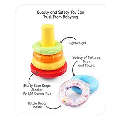 Babyhug Premium 5 Stacking Rings| 4 Textured and 1 Transparent Ring with Beads Sound| Junior Plastic Stack Up Educational Toy| Bath Toy Ring| BIS Certified| Non-Toxic| 6 Months+