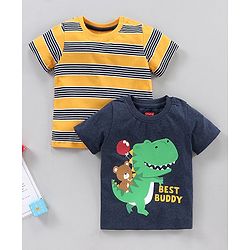 Babyhug Half Sleeves T-Shirts Stripes and Dino Print Pack of 2 - Navy Yellow