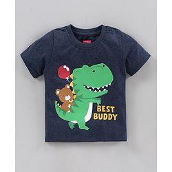 Babyhug Half Sleeves T-Shirts Stripes and Dino Print Pack of 2 - Navy Yellow
