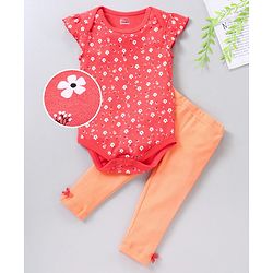 Babyhug Short Sleeves Onesie With Leggings Floral Print - Yellow Pink