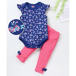 Babyhug Half Sleeves 100% Cotton Onesie with Leggings - Multicolour